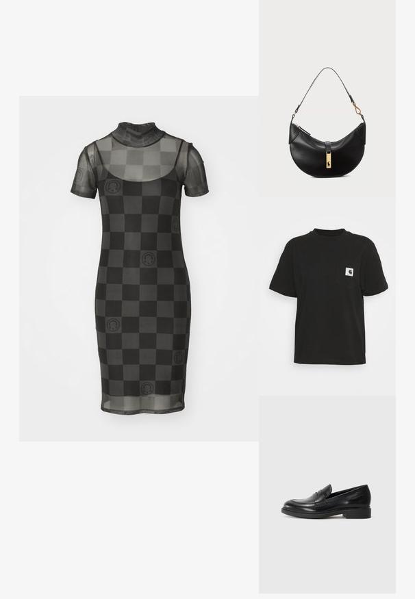 Mustakalla verkkomekko, jossa on lyhyet hihat, korkea kaula-aukko ja ruudullinen kuvio, jossa on pyöreitä koristeita. Tiukasti vartalonmyötäinen siluetti.; Musta puuvillapaita, jossa on lyhyet hihat, pyöreä kaula-aukko ja etutasku, jossa on neliölogo valkoisena ja mustana.; Musta nahkainen loafer-kenkä, jossa on pyöristetty kärki, ommeltu yksityiskohta ja matala lohkokorko. Tasainen pinta ilman näkyviä kuvioita tai korostuksia.; Musta nahkalaukku puolikuun muotoisena. Varustettu kultaisilla yksityiskohdilla ja kapealla hihnalla. Tasainen pinta, vetoketjukiinnitys ylhäällä.