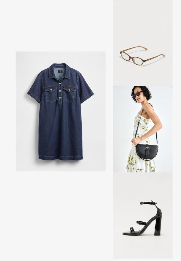 Abito di jeans blu scuro, con colletto, maniche corte, patta con cinque bottoni e due tasche sul petto con bottoni dorati.; Sandali con tacco in vernice nera, con punta squadrata, cinturini alla caviglia e fibbie in argento. Presentano un tacco a blocco spesso per maggiore stabilità.; Occhiali tortoiseshell marroni con lenti ovali, aste sottili e dettagli trasparenti. Presentano un logo sottile sulla tempia. Design elegante e leggero.; Borsa a tracolla nera in pelle con una forma curva, manico rimovibile e accessori dorati. La borsa presenta una patta con un dettaglio a fibbia.