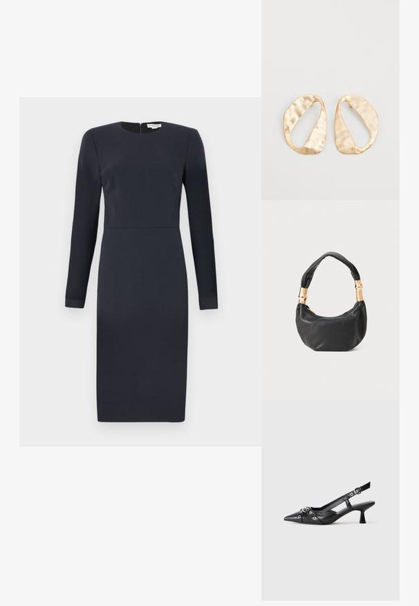 Vestido azul-marinho de mangas compridas com decote redondo, silhueta justa e fecho de correr oculto nas costas. Tecido suave com detalhes mínimos.; Sapato slingback em couro preto com biqueira fina, tiras decorativas com ilhós de metal e um pequeno salto quadrado. Superfície texturizada.; Mala de mão em couro preto com forma redonda, textura suave e alça com nó, apresentando detalhes em metal dourado. Fecho em zíper.; Par de brincos irregulares em forma oval, feitos de metal dourado, com uma superfície texturizada e ligeiramente martelada, sobre um fundo branco.
