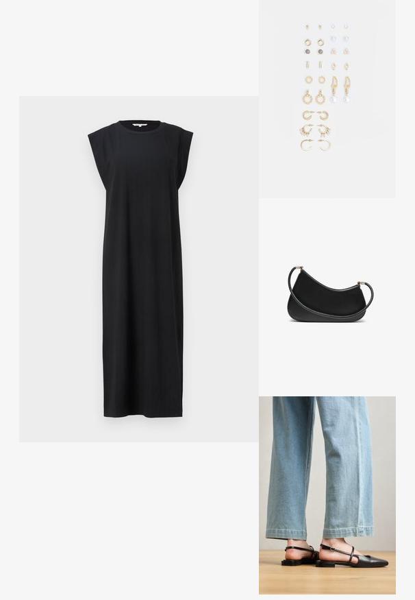 Čierne bezrukávové šaty vyrobené z textúrovanej látky, s rovnou siluetou a širokými ramennými detailami, dosahujúce dĺžku do polovice lýtok.; Čierne kožené sandále na opätku s špicatou špičkou, plochým podpätkom a remienkom okolo členka; nosené s svetlomodrými voľnými džínsami.; Čierna kožená taška cez rameno s zakriveným dizajnom, s textúrovaným popruhom a zlatými prvkami na hornej priehradke. Hladký povrch.; Súprava náušníc v zlatom odtieni obsahujúca rôzne dizajny, vrátane puzetových, kruhových a visiacich kúskov s perlami a rhinestones.