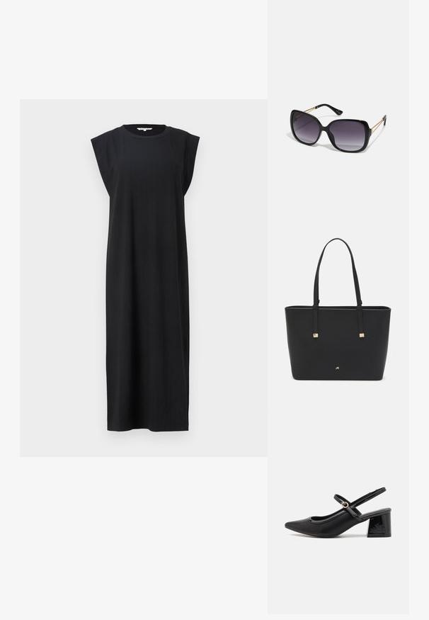 Melnas bez piedurknēm kleitas, kas izgatavota no teksturēta auduma, ar taisnu siluetu un plašām plecu detaļām, kas sasniedz vidus teļa garumu.; Melns patentēts ādas sandales ar norādīta pirksta formu, noapaļotu izgriezuma dizainu un bloķētu papēdi. Iezīmēta ar zelta toņa sprādzi.; Melni pārmērīgi lieli saulesbrilles ar gradāciju lēcām, biezām rāmja malām un zeltainas krāsas ķēžu detaļām uz tempļiem.; Melnā somiņa, kas izgatavota no sintētiska materiāla, ar vienkāršu taisnstūra formu, zelta kvadrātveida akcentiem un divām rokturiem.