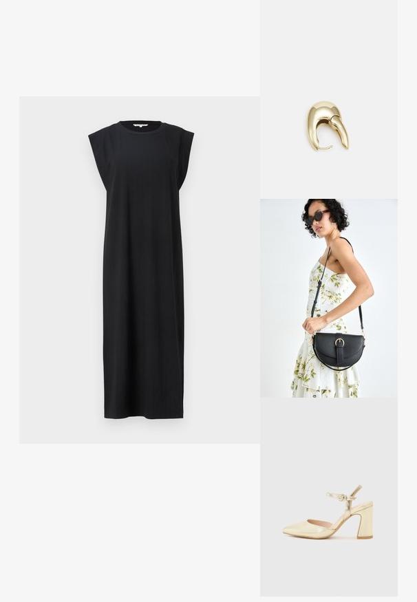 Čierne bezrukávové šaty vyrobené z textúrovanej látky, s rovnou siluetou a širokými ramennými detailami, dosahujúce dĺžku do polovice lýtok.; Zlaté metalické topánky na opätku s špicatou špičkou, pásikom okolo členka s kruhovou sponou a robustným dizajnom opätku. Hladká textura.; Čierna kožená kabelka s zaobleným tvarom, odnímateľným popruhom a zlatými doplnkami. Kabelka má klopu s detailom s prackou.; Náušnice z kovu v zlatej farbe s elegantným, zakriveným dizajnom. Majú charakteristický špicatý tvar, leštený povrch a uzáver na pánt.