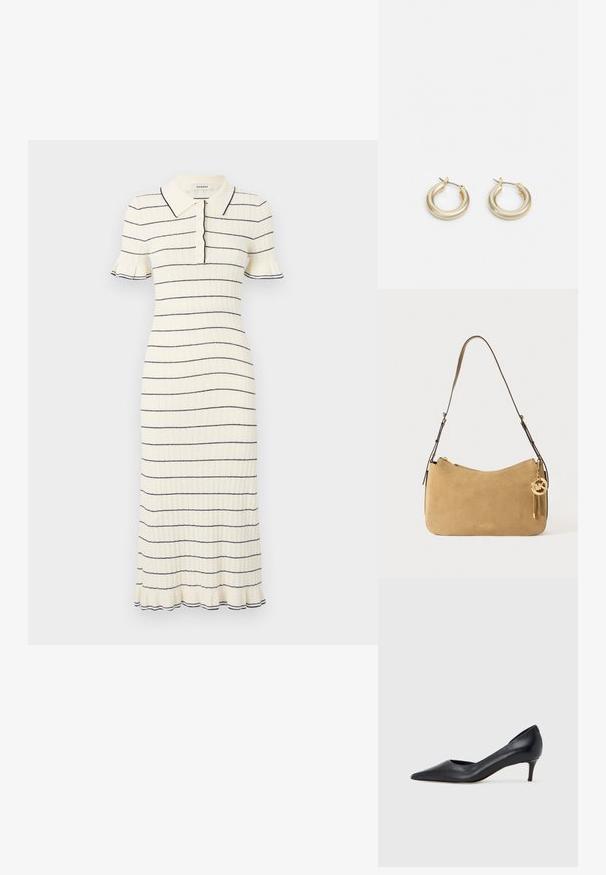 sandro ROBE MIDI COL POLO FINITIONS FRILL - Jurk - ecru; Zwarte leren pump met een puntige neus en lage hak. Heeft een gladde textuur en een subtiele glans. Open uitsparing aan de voorkant voor extra detail.; Tan suède schoudertas met een gebogen vorm, gouden hardware en ritssluiting. Voorzien van een bijgevoegd charm met de initialen "MK."; Lauren Ralph Lauren BASIC SMALL HOOP - Oorbellen - gold-coloured