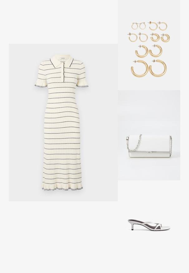 sandro ROBE MIDI COL POLO FINITIONS FRILL - Dnevna obleka - ecru; Srebrne sandale na peto s križnim trakama, gladko teksturo in koničastim nosom. Peti je približno dva inča visok.; MICHAEL Michael Kors MONA - Torba čez telo - optic white; Set zlato obročastih ušesnih uhani, ki vključujejo različne velikosti in oblike, vključno z majhnimi, srednjimi in velikimi slogi, z gladkimi kovinskimi površinami.