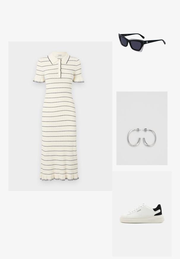 sandro ROBE MIDI COL POLO FINITIONS FRILL - Vapaa-ajan mekko - ecru; Valkoiset nahkakengät paksulla valkoisella pohjalla, mustalla mokkanahkaosuudella kannassa ja kohokuvioitu logo sivulla. Nauhakeskitys kuudella reiällä.; Mustat ylisuuret aurinkolasit, joissa on geometrinen muoto, tummat linssit ja kehykseen erottuva harmaa yksityiskohta. Logo varressa.; Hopehopeet hopehopeet hopehopeet hopehopeet, jolla on sileä, kiiltävä pinta. Pyöreä muoto, kevyt rakenne, jossa on neulakiinnitys.