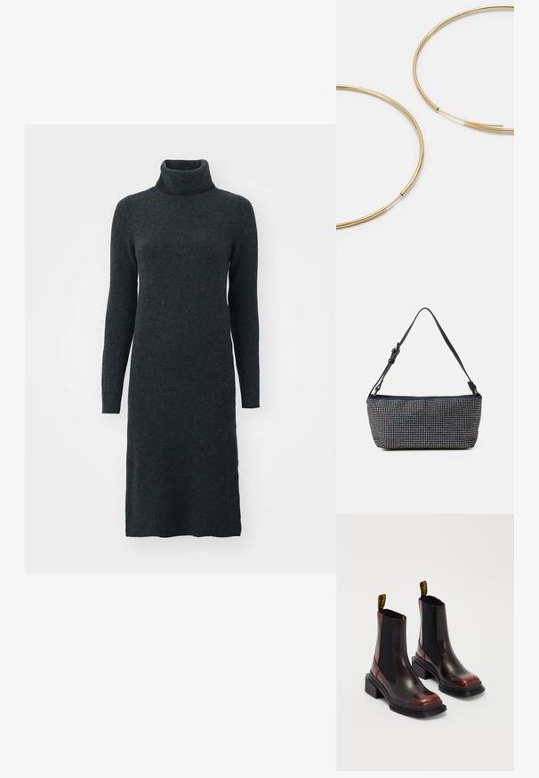 Tamsiai pilka polo megztinis suknelė iš minkštos mezgimo medžiagos, pasižyminti ilgomis rankovėmis ir aptemptu siluetu, kuris krenta iki vidurio blauzdų.; Dr. Martens MAYBOLE CHELSEA - Aulinukai su platforma - black/cherry red; Jūrų mėlynos spalvos audinio rankinė su tekstūriniu sidabro kaladėlių dizainu, turinti vieną reguliuojamą juodą diržą ir stačiakampį siluetą.; Aukso spalvos žiedo auskarai, ploni ir apvalūs, su lygiu metaliniu paviršiumi be papuošimų ar raštų.