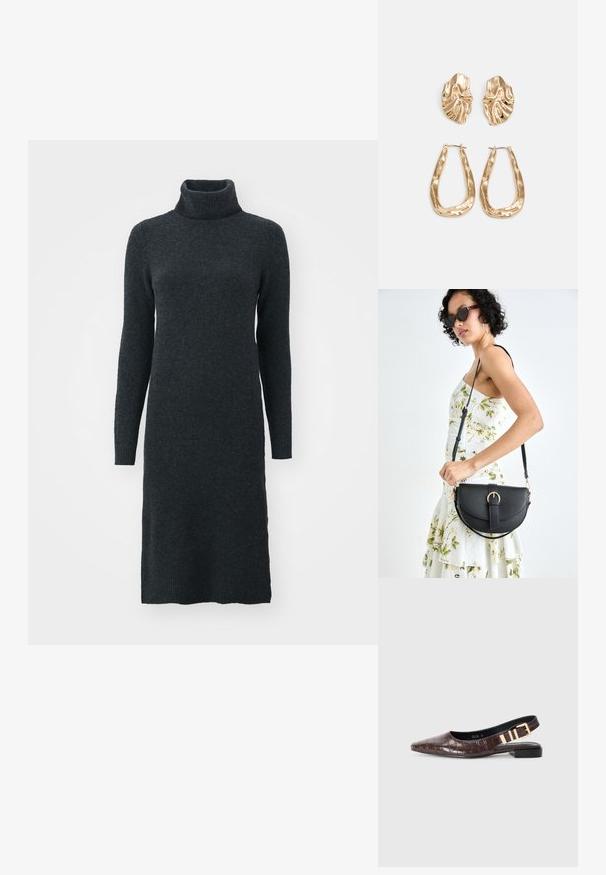 Sötét szürke garbónyakú pulóverruha puha kötött anyagból, hosszú ujjakkal és testhez simuló szabással, amely a középcsípőig ér.; RAID RUCHI - Balerina cipők - brown; Fekete bőrtáska ívelt formával, levehető pánttal és arany színű fémrészekkel. A táskán egy csattal díszített fedél található.; Aranyszínű fülbevalók, texturált, hullámos formákkal. Tartalmazza a szobrászati klipszes studokat és az open hoop kialakítást, kalapácsos felülettel.