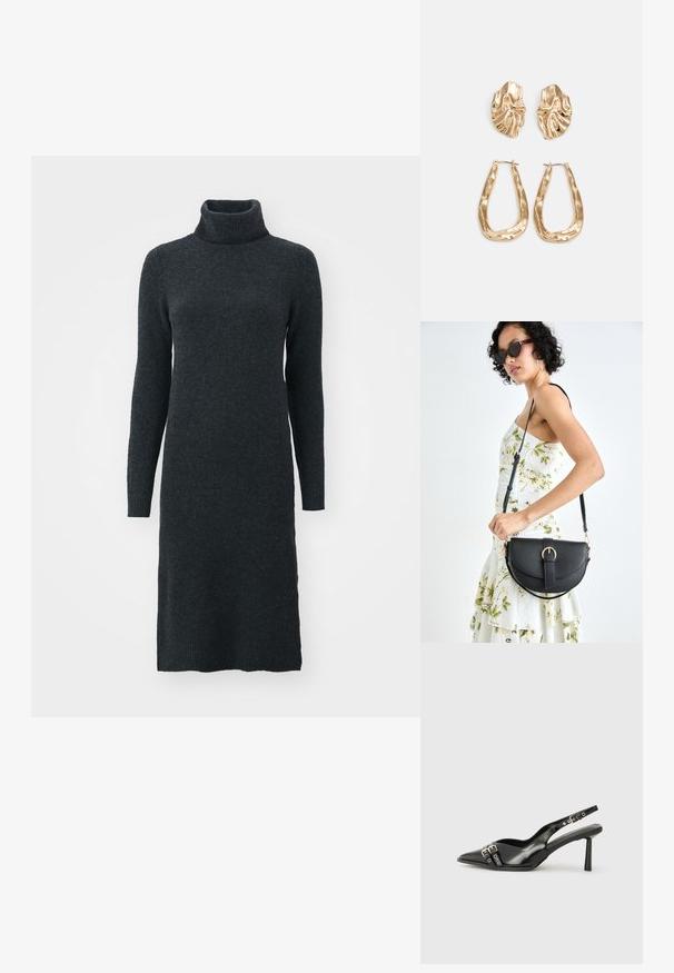 Vestido de suéter cinza escuro de gola alta em um material de malha suave, com mangas longas e um silhueta ajustada que chega até a metade da panturrilha.; Sapato slingback preto em pele patentada com bico apontado, tiras no tornozelo apresentando fivelas e acessórios prateados, e um salto elegante.; Bolsa de couro preta com forma curva, alça destacável e detalhes em dourado. A bolsa possui uma aba com detalhe de fivela.; Brincos em tom de ouro com formas onduladas e texturizadas. Inclui studs escultóricos com presilha e um design de argola aberta com um acabamento martelado.