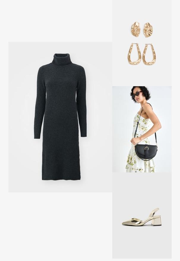 Sötét szürke garbónyakú pulóverruha puha kötött anyagból, hosszú ujjakkal és testhez simuló szabással, amely a középcsípőig ér.; Arany, fémből készült slingback sarkú cipők hegyes orral és vastag sarokkal. Simaság, minimalista design és keskeny pánt jellemzi.; Fekete bőrtáska ívelt formával, levehető pánttal és arany színű fémrészekkel. A táskán egy csattal díszített fedél található.; Aranyszínű fülbevalók, texturált, hullámos formákkal. Tartalmazza a szobrászati klipszes studokat és az open hoop kialakítást, kalapácsos felülettel.
