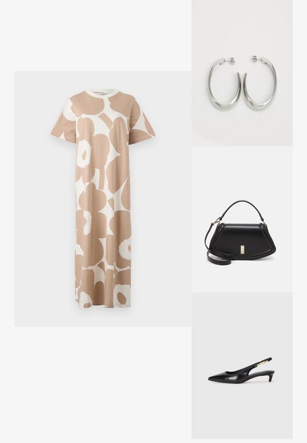 Marimekko PAHLO UNIKKO DRESS - Φόρεμα από ζέρσεϊ - beige; Μαύρες δερμάτινες γόβες slingback με μυτερή μύτη, διαθέτοντας λεπτό τακούνι και χρυσή λεπτομέρεια στην ρυθμιζόμενη λωρίδα. Λείος υφές.; Μαύρη δερμάτινη τσάντα με δομημένο σχέδιο, που διαθέτει κομμένο σχήμα, επάνω λαβή και χρυσά μεταλλικά στοιχεία. Περιλαμβάνει ρυθμιζόμενο λουρί ώμου.; Ασημένια σκουλαρίκια κρίκοι με μαλακή, καμπυλωτή σχεδίαση. Διαθέτουν γυαλιστερή μεταλλική υφή και κλείσιμο με σφίγγα. Χωρίς ορατά μοτίβα ή διακοσμήσεις.