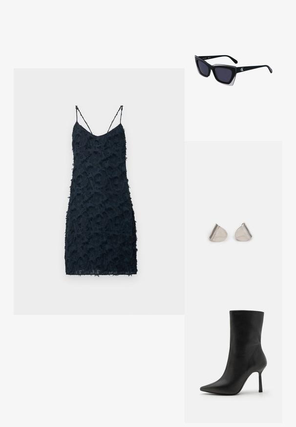 Tamsiai mėlyna suknelė su plonomis spaghetti petnešėlėmis, turinti tekstūruotą paviršių su sluoksniuotais volanais, lieknu siluetu ir iki kelių siekiančiu dizainu.; Juodos odinės kulkšninių botai su smailiu pirštu, siauromis stiletto kulnais ir lygaus paviršiaus, turintys minimalistinį dizainą be papuošimų.; Juodos didelės saulės akinių su geometrine forma, turinčiais tamsius objektyvus ir kontrastingą pilką detalę ant rėmelio. Logotipas ant šalon.; Sidabriniai metaliniai auskarai su lygiu, ašaros formos dizainu ir blizgiu paviršiumi. Subtilūs raižiniai prideda detalumo. Minimalistinis dizainas.