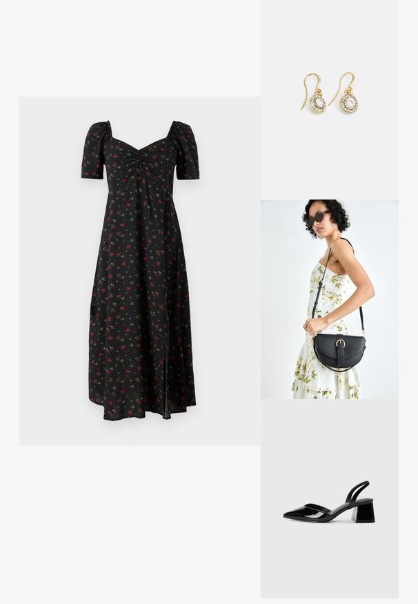 GAP PUFF SWEETHEART - Dienas kleita - black; Melna lakota āda ar atvērto papēdi, ar smailu purngalu un ģeometrisku blokpapēdi. Iezīmējas elegants, minimāls dizains un gluda tekstūra.; Melnas ādas rokassoma ar izliekta formu, noņemamu siksnu un zelta aksesuāriem. Somai ir vāciņš ar sprādzes detaļu.; Zelta tonī veidotas auskaru piekariņi ar ovālu izgriezumu caurspīdīgām kristālēm, kuras ieskauj mazākas caurspīdīgas akmeņu daļiņas, ar āķveida dizainu drošai valkāšanai.