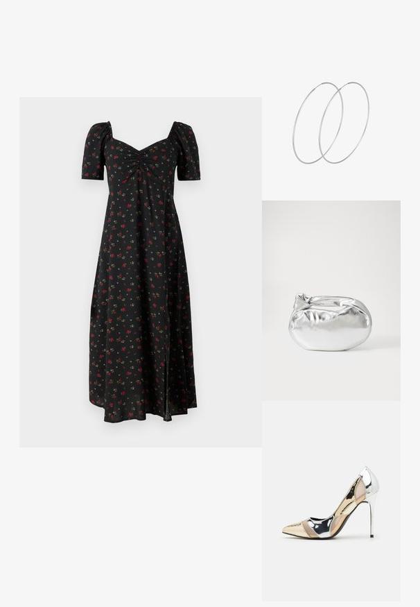 GAP PUFF SWEETHEART - Dnevna obleka - black; Čevlji z visoko peto in konico, v barvni kombinaciji srebrne, zlate in nude. Sijajna obdelava z izrezljanim dizajnom, z igličasto peto.; Srebrna kovinska torbica z mehko, zaobljeno obliko in zavezano zgornjo zaporo. Narejena iz gladkega umetnega usnja.; Srebrne uhane v obliki obroča z minimalističnim dizajnom. Krožna oblika, gladka tekstura in tanek profil. Lahki s poliranim zaključkom.