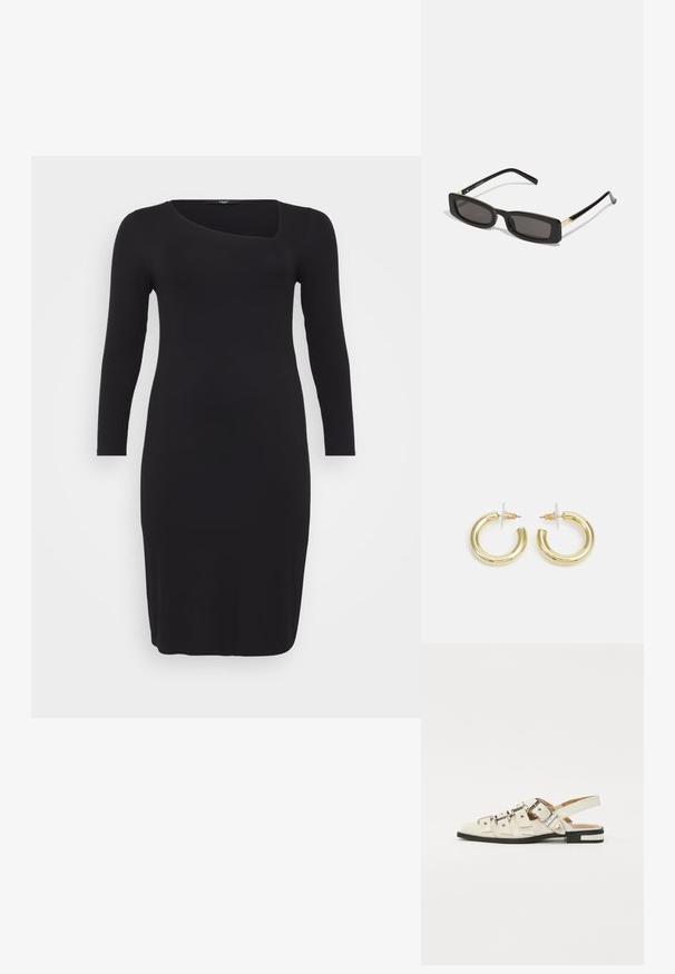 Melna ribota kleita garām piedurknēm ar unikālu asimetrisku izgriezumu un pieguļošu siluetu, kas izceļas ar gludu tekstūru un garumu līdz zem ceļgaliem.; Baleta sandalītes baltā ādā ar vairākiem platām siksnām un sudraba sprādzēm; plakana zole ar mazu melnu papēdi un metalizētām akcentiem.; Melnas taisnstūra saulesbrilles ar tumšiem objektīviem, spīdīgām plastikāta rāmēm un zelta akcentiem tempļos. Minimalistisks dizains un eleganta forma.; Zelta auskari ar gludu, spīdīgu apdari. Apaļš dizains, kas ietver mazu tapu un caurspīdīgu pamatni drošai valkāšanai.