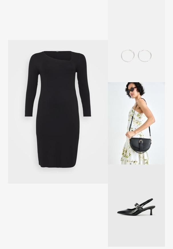 Černé žebrované šaty s dlouhým rukávem a jedinečným asymetrickým kulatým výstřihem, těsně přiléhající silueta, hladká textura a délka pod kolena.; Černé lakované boty na podpatku typu slingback s špičatou špičkou a malým blokovým podpatkem, které mají na pásku stříbrný přezkový akcent.; Černá kožená kabelka s křivkovým tvarem, odnímatelným popruhem a zlatými detaily. Kabelka má klopu s přezkou.; Stříbrné kruhové náušnice s elegantním, kulatým designem, s hladkým povrchem a bez viditelných ozdob. Průměr není specifikován.