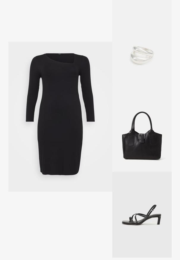 Czarna, prążkowana sukienka o długim rękawie z unikalnym asymetrycznym dekoltem w kształcie łódki i dopasowanym kroju, z gładką teksturą i długości poniżej kolan.; Czarne sandały na obcasie z prostokątnym noskiem i niskim słupkowym obcasem. Posiadają wiele cienkich pasków i regulowany pasek na kostkę. Wykonane z gładkiej skóry.; Czarna skórzana torba tote o gładkiej fakturze, usztywnionym kształcie, dwóch uchwytach oraz wyraźnym srebrnym zapięciu na przodzie.; Srebrna obrączka podwójna z gładką, polerowaną powierzchnią. Posiada płynny, zakrzywiony kształt z nakładającymi się sekcjami, co nadaje nowoczesny wygląd.