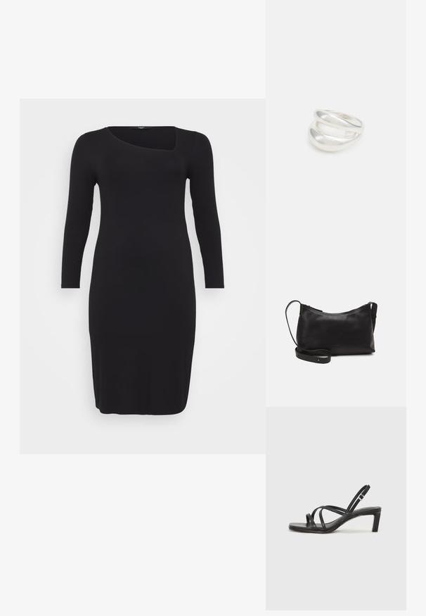 Must mustriba pikkade varrukatega kleit, millel on ainulaadne asümmeetriline sügava kaelusega disain ja keha ligiulatuv siluett, uhkeldades siledat tekstuuri ja põlvest allapoole ulatuvat pikkust.; Mustast rihmajalatsid ruudukujulise varba ja madala ploki kontsaga. Omab mitmeid õhukesi rihmasid ja reguleeritavat pahkluu rihma. Valmistatud siledast nahast.; Mustmust nahk õlakotil on sile tekstuur, kumer kuju, reguleeritav rihm ja lukuga sulgemine. Minimalistlik disain ilma kaunistusteta.; Hõbedane kahekordne rõngas sujuva, poleeritud pinnaga. Omab voolavat, kõverat disaini, millel on kattuvad sektsioonid, et saavutada kaasaegne ilme.