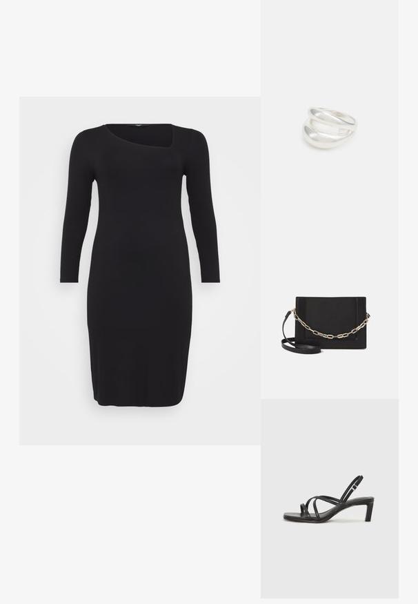 Must mustriba pikkade varrukatega kleit, millel on ainulaadne asümmeetriline sügava kaelusega disain ja keha ligiulatuv siluett, uhkeldades siledat tekstuuri ja põlvest allapoole ulatuvat pikkust.; Mustast rihmajalatsid ruudukujulise varba ja madala ploki kontsaga. Omab mitmeid õhukesi rihmasid ja reguleeritavat pahkluu rihma. Valmistatud siledast nahast.; Mustast nahast õlakott, mis omab siledat tekstuuri, ristküliku kuju ning esiküljel metallketi detaili. Reguleeritav rihm on kaasas.; Hõbedane kahekordne rõngas sujuva, poleeritud pinnaga. Omab voolavat, kõverat disaini, millel on kattuvad sektsioonid, et saavutada kaasaegne ilme.