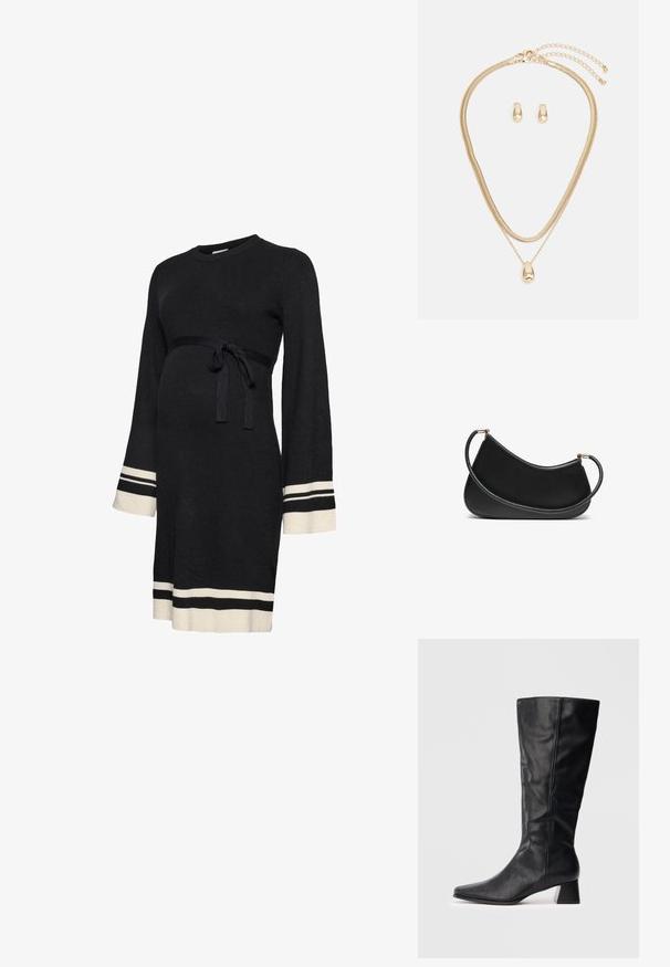 Musta ribbineulottu äitiysmekko, jossa pitkät hihat, vyötäröä korostava solmittava nauha sekä valkoiset korosteraidat hihansuissa ja helmassa. Pehmeä tekstuuri.; Musta nahkainen keskipitkä saapas, jossa on terävä kärki ja pömpöti korko vaalealla taustalla.; Mustassa nahkaolkalaukussa on kaareva muotoilu, jossa on teksturoitu olkahihna ja kultasävyinen metalliosuus yläosassa. Pintamateriaali on sileä.; Kulta korusetti, joka sisältää kerroksellisen kaulaketjun, jossa on pisaran muotoinen riipus, ja siihen sopivat nappikorviksia, kaikki kiillotetussa viimeistelyssä.