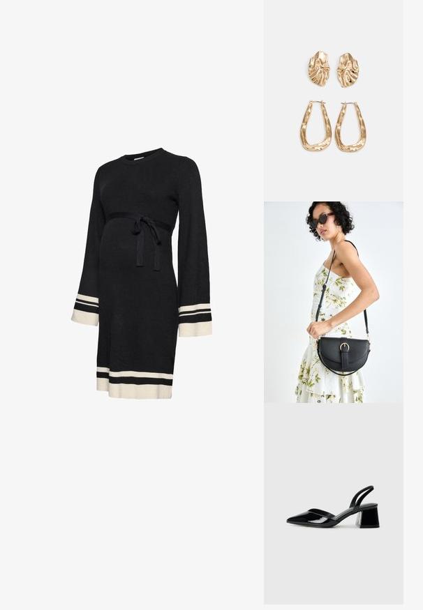 Černé žebernaté těhotenské šaty s dlouhými rukávy, přiléhavým pásem v pase a bílými zvýrazňujícími pruhy na manžetách a lemu. Měkká textura.; Černé lakované kožené lodičky na pásku s špičatou špičkou a geometrickým blokovým podpatkem. Vyznačují se elegantním, minimalistickým designem a hladkým povrchem.; Černá kožená kabelka s křivkovým tvarem, odnímatelným popruhem a zlatými detaily. Kabelka má klopu s přezkou.; Náušnice ve zlatém tónu s texturovanými, vlnitými tvary. Obsahují sochařské klipy a design otevřeného kruhu s kladivkovým povrchem.