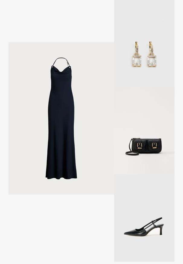 Tamsiai mėlyna, be rankovių suknelė su drapiruotu kaklu, suteikianti dekoratyvinius elementus ant petnešų ir liekną, laisvai krintančią siluetą.; Juodai lakuoti slingback aukštakulniai su smailiu nosiu, su tekstūruotu gyvatės raštu, reguliuojama juosta ir trumpu, tekstūruotu blokiniu kulnu.; Juodas odinis per petį nešiojamas krepšys su dviem priekiniais kišenėmis, auksiniais sagtimis, užtrauktuko uždarymu ir siauromis petnešomis. Textūruota paviršius ir kompaktiškas stačiakampis formatas.; Auksinės spalvos auskarai, kuriuose yra stačiakampis, skaidrus kristalas, kabantis po eile mažų, apvalių skaidrių akcentų. Šiuolaikiškas, modernus dizainas.