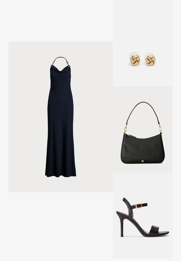 Granatowa, bezrękawnikowa sukienka z dekoltem w drapowaniu, z dekoracyjnym okuciem na ramiączkach i smukłą, zwiewną sylwetką.; Czarne sandały na wysokim obcasie z gładkiej skóry, odkryty palec i pojedynczy pasek z ozdobnym złotym zapięciem.; Czarna skórzana torebka o uporządkowanej formie, z zamknięciem na zamek, odczepianym paskiem i złotymi akcentami.; Złote kolczyki w kształcie węzła z twisted design. Każdy kolczyk posiada okrągłe, przezroczyste oparcie zapewniające pewność noszenia.