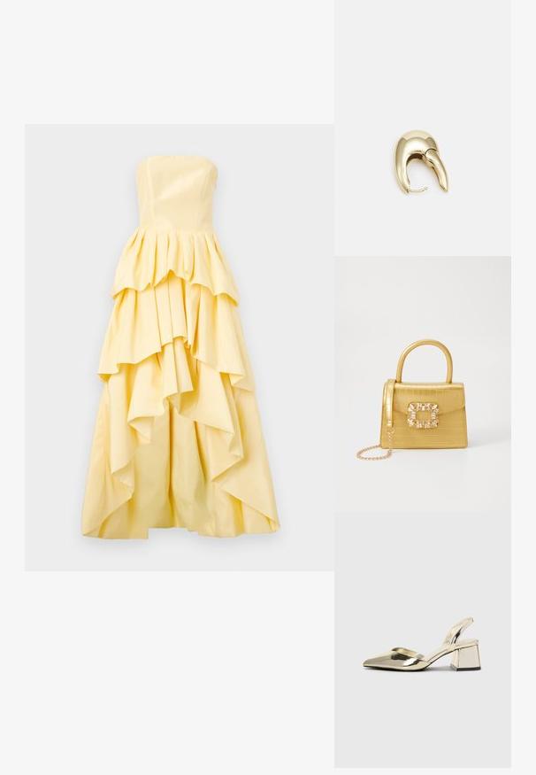 Šaty bez ramienok v žltej farbe, so zaväzovanými volánmi, priliehavým živôtikom a textúrovanou tkaninou. Volány vytvárajú splývavý siluetu na leme.; Zlaté kovové lodičky na podpätku so špicatou špičkou a robustným podpätkom. Hladký povrch, minimalistický dizajn a úzka remienok.; Žltá falošná krokodília kabelka so štruktúrovaným dizajnom, horným držadlom, odnímateľným reťazovým popruhom a dekoratívnym kryštálovým ozdobením na zapínaní.; Náušnice z kovu v zlatej farbe s elegantným, zakriveným dizajnom. Majú charakteristický špicatý tvar, leštený povrch a uzáver na pánt.