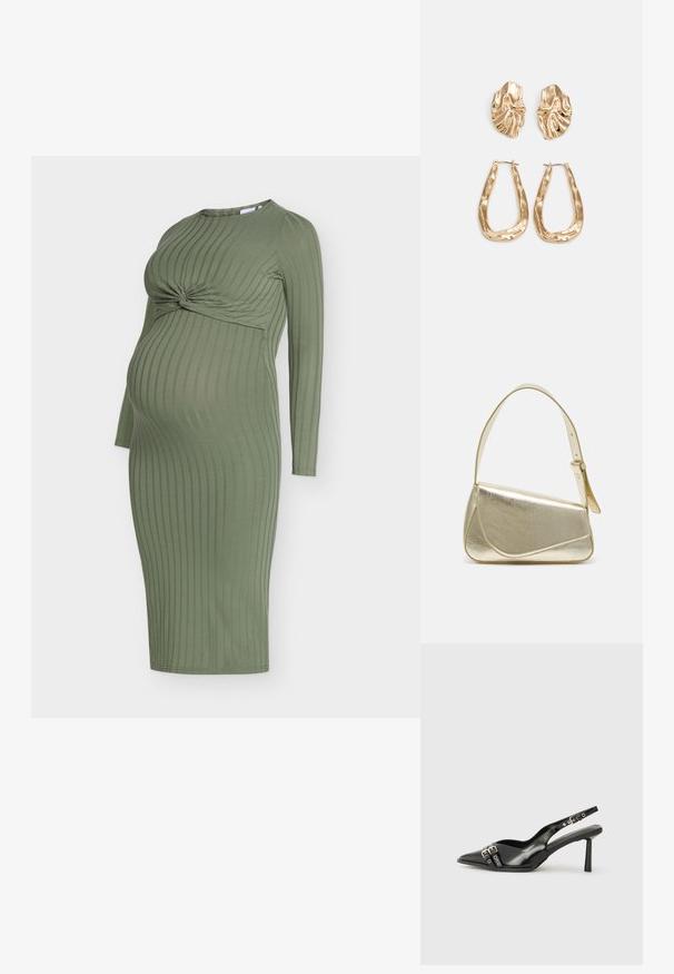 Oliven grønn ribbestrikket graviditetskjole med lange ermer, med en vridd knutedetalj foran og en tettsittende silhuett.; Sorte patentlær slingback-sko med spiss tå, ankelremmer med sølvspenner og detaljer, og en slank hæl.; Gullfarget metallisk håndveske med en strukturert design, glatt tekstur og justerbar stropp. Har en unik trekantet form og minimalistisk søm.; Gullfargede øredobber med teksturerte, bølgete former. Inkluderer skulpturelle klipsstuds og åpen hoop-design med en hamret finish.