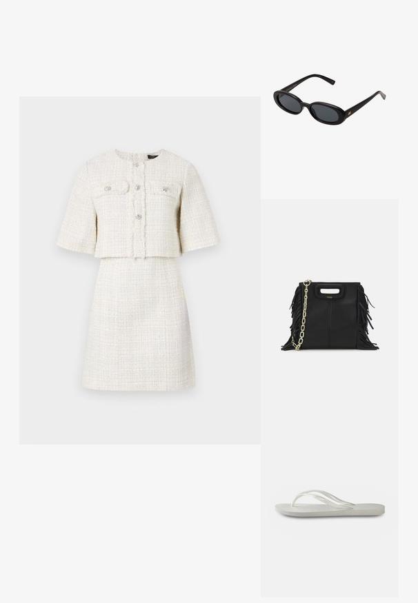 Maje REIMS - Kasdienė suknelė - ecru; Balti šlepetės su tekstūruota padu, turinčios plonas juosteles ir plokščią konstrukciją. Pagamintos iš gumos, su subtiliu logotipu ant pado.; Juodos didelės saulės akinių su ovaliais objektyvais, lygia plastiko rėmeliu ir aukso akcentais ant šventyklos. Tamsūs objektyvai suteikia apsaugą nuo saulės.; Juodas odinis rankų darbo rankinys su frinzuotomis detalėmis, auksine grandinės petneša ir išpjauto dizaino rankena. Pirmoje pusėje yra logotipo vieta.