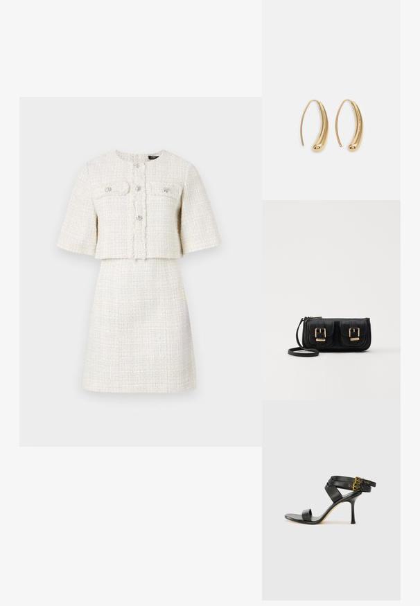 Maje REIMS mleczny; Czarne sandały na obcasie z krzyżującymi się paskami i regulowanym zapięciem. Charakteryzują się gładką teksturą i zwężanym obcasem w kształcie szpilki.; Czarna skórzana torba na ramię z dwoma przednimi kieszeniami, złotymi klamrami, zamkiem błyskawicznym i cienkim paskiem. Teksturowana powierzchnia i kompaktowy prostokątny kształt.; Złote metalowe kolczyki w kształcie obręczy o zakrzywionym, wydłużonym kształcie. Posiadają gładką, błyszczącą powierzchnię oraz zaokrąglony koniec dla dodatkowego efektu.