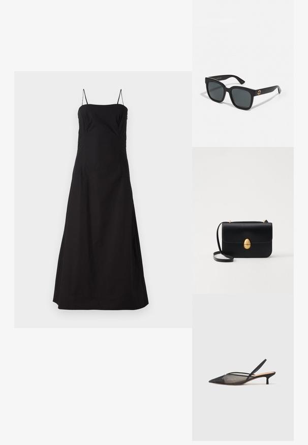 Faithfull the brand OSTANO DRESS - Maxi dress - black; NEOUS IRENA - Classic heels - black; Black sunglasses with rectangular lenses, featuring a glossy finish and gold logo accents on the temples. Dark grey lenses provide UV protection.; Black leather handbag with a structured rectangular shape. Features a golden oval clasp and a thin shoulder strap. Smooth texture.