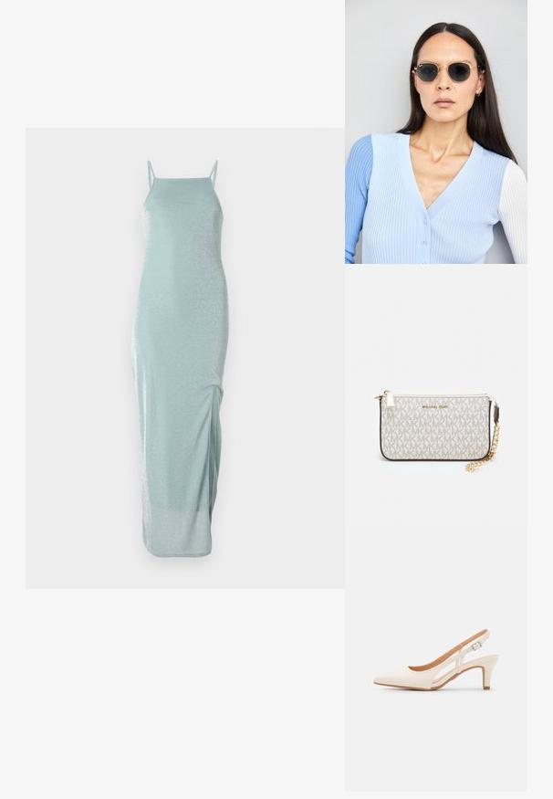Dlhé šaty bez rukávov v svetlo mätovej zelenej farbe so žiarivou textúrou. Majú tenké ramienka a bočný rozparok pre lepšiu pohyblivosť.; Biele slingback topánky na podpätku s ostrou špičkou, hladkým vrchným materiálom, nízkym blokovým podpätkom a bočným výrezom s nastaviteľným remienkom na pracku.; Okrúhle slnečné okuliare s tmavými šošovkami a zlatým rámom. Modelka má na sebe svetlomodrý pletený kardigán s gombíkmi a bielymi rukávmi v kontraste.; Michael Kors zápästná taška v béžovej potiahnutej plátenej tkanine s opakujúcim sa vzorom loga MK, zlatým kovania a odnímateľným reťazovým popruhom.