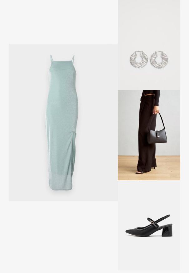 Duga haljina bez rukava u svijetlo mint zelenoj boji sa sjajnom teksturom. Ima tanke naramenice i prorez sa strane za udobnost pri kretanju.; Crne lakirane slingback visoke potpetice s šiljastim vrhom, zaobljenim izrezom i blok potpeticom. Sadrži akcent zlatnog tona s kopčom.; Crna torba s oblikom koji sadrži strukturu, glađu teksturu i metalnu kopču. Uparena s širokim crnim hlačama i sandalama na otvorenom s drvenog poda.; Srebrne kružne naušnice ukrašene brojnim čistim kristalnim detaljima, s teksturiranom površinom i otvorenim kružnim dizajnom.