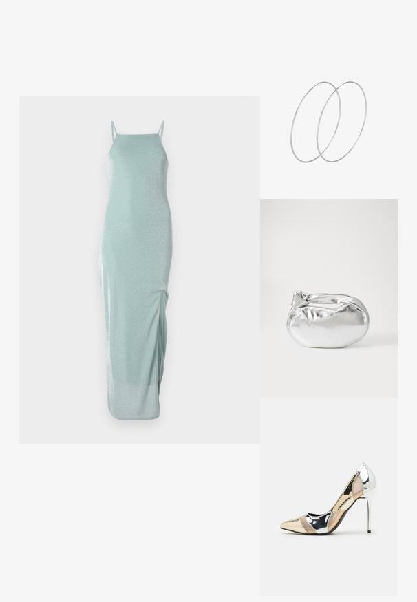 Satino tipo, šviesiai mėtų žalios spalvos naktiniai su lengvu blizgesiu ir prigludusia siluetu. Yra šoninis įpjovimas, leidžiantis laisvai judėti.; Aštrus pirštas aukštakulnis batelis su sidabro, aukso ir nuogų spalvų deriniu. Blizgus paviršius su išpjovos dizainu, su stiletto kulnu.; Sidabrinė metalinė maišelio forma su švelnia, apvalia forma ir mazgu užveriamu viršumi. Pagaminta iš lygios dirbtinės odos medžiagos.; Sidabrinės pusmėnulio auskarai minimalistiniu dizainu. Apskritimo forma, lygus paviršius ir plonas profilis. Lengvi su poliruotu apdailu.