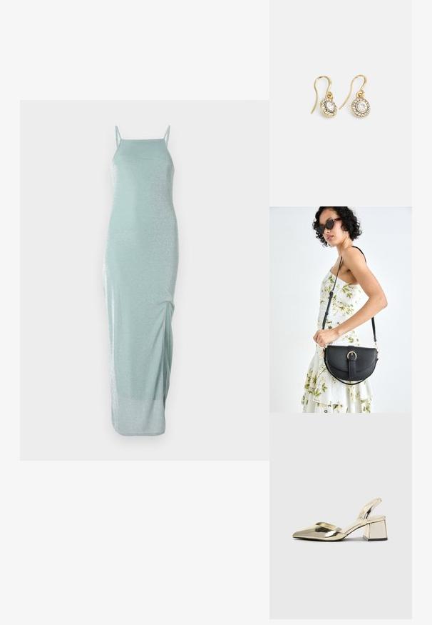 Satinam līdzīgs, gaiši piparmētru zaļš bez piedurknēm maksi kleita ar pieguļošu dizainu un smalku mirdzumu. Iekļauta sānu šķirba kustībai.; Zeltaini, metāla kurpes ar siksniņām, norakans purngalis un masīla papēdis. Gluda tekstūra, minimālisma dizains un šaura siksna.; Melnas ādas rokassoma ar izliekta formu, noņemamu siksnu un zelta aksesuāriem. Somai ir vāciņš ar sprādzes detaļu.; Zelta tonī veidotas auskaru piekariņi ar ovālu izgriezumu caurspīdīgām kristālēm, kuras ieskauj mazākas caurspīdīgas akmeņu daļiņas, ar āķveida dizainu drošai valkāšanai.