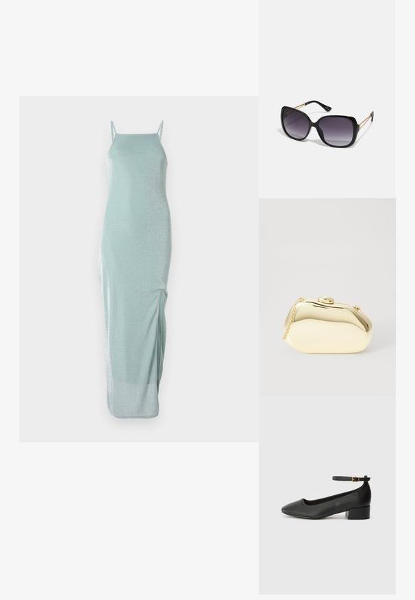 Satinlignende, lys myntgrønn ermeles maxi-kjole med en tett design og subtil glans. Har en sideslitt for bevegelse.; Sorte skinnpumper med spiss tå og lav blokkhelt. Har ankelrem med gullfarget spenne. Glatt tekstur.; Sorte oversized solbriller med gradient linser, tykke rammer og detaljering med gulltonekjede på tempelarmene.; Metallisk gull clutch med en glatt, rund form, med en toppknapp-lås og et lite kjede for bæring.