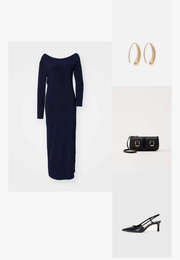 Norma Kamali LONG SLEEVE DROP SHOULDER SIDE SLIT GOWN - Jersey dress - true navy; Black patent slingback heel with a pointed toe, featuring textured snake print, adjustable strap, and a short, textured block heel.; Black leather crossbody bag with two front pockets, gold buckles, zipper closure, and a slim strap. Textured surface and compact rectangular shape.; Gold-tone metal hoop earrings with a curved, elongated shape. Features a smooth, shiny surface and a rounded tip for added detail.