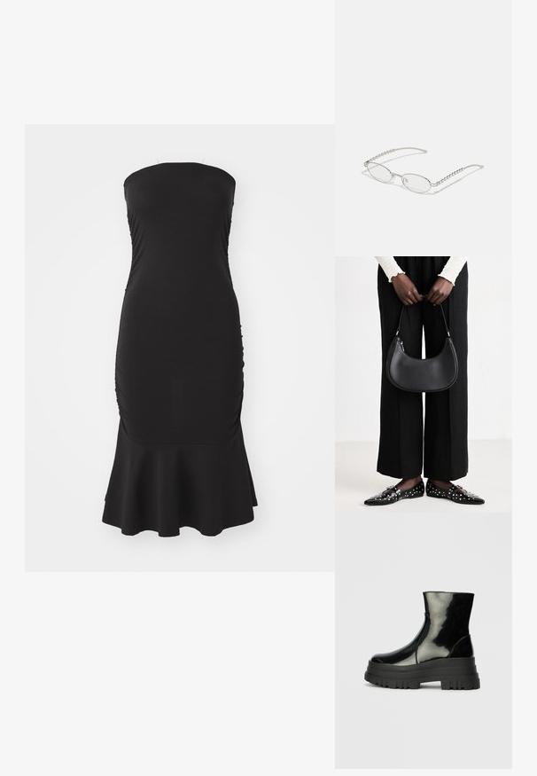 Must tänavusärge must kleit, mis on valmistatud elastsetest kangast, sisaldab külgedel volangide detaili ning jopes on laienev ääreline. Sujuv tekstuur ja väljakujunenud siluett.; Must mustakate läikiv ankle boot paksu lõkkeka üle ja ümarate varvastega, külgvaates halli ühtlase taustal.; Ovaalsed prillid metallisel hõbedasel raamile, selged läätsed ja tekstuuriga helmedega tempelaktsentidega. Kerge konstruktsioon kaarjate kätega.; Must kastmeest räbal nahast õlakott, ümar kuju, läikiv viimistlus ja hõbedased detailid. Inimene kannab musti laiu pükse ja studidega mokasíne.