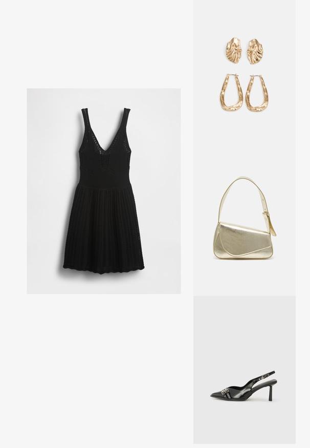 Μαύρο πλεκτό αμάνικο φόρεμα με V-λαιμόκοψη, εφαρμοστή μέση και φουσκωτό φούστα, παρουσιασμένο σε λευκό φόντο.; Μαύρο παπούτσι slingback από πατέντο δέρμα με μυτερή μύτη, λουράκια στον αστράγαλο που διαθέτουν ασημένιες αγκράφες και μεταλλικά στοιχεία, και λεπτό τακούνι.; Χρυσή μεταλλική τσάντα χειρός με δομημένο σχέδιο, λεία υφή και ρυθμιζόμενο λουρί. Διαθέτει μοναδικό τριγωνικό σχήμα και μινιμαλιστική ραφή.; Χρυσά σκουλαρίκια με υφή, κυματιστά σχήματα. Περιλαμβάνουν γλυπτικά κλιπ-σε σκουλαρίκια και σχέδιο ανοιχτού σκουλαρικιού με σφυρήλατη επιφάνεια.