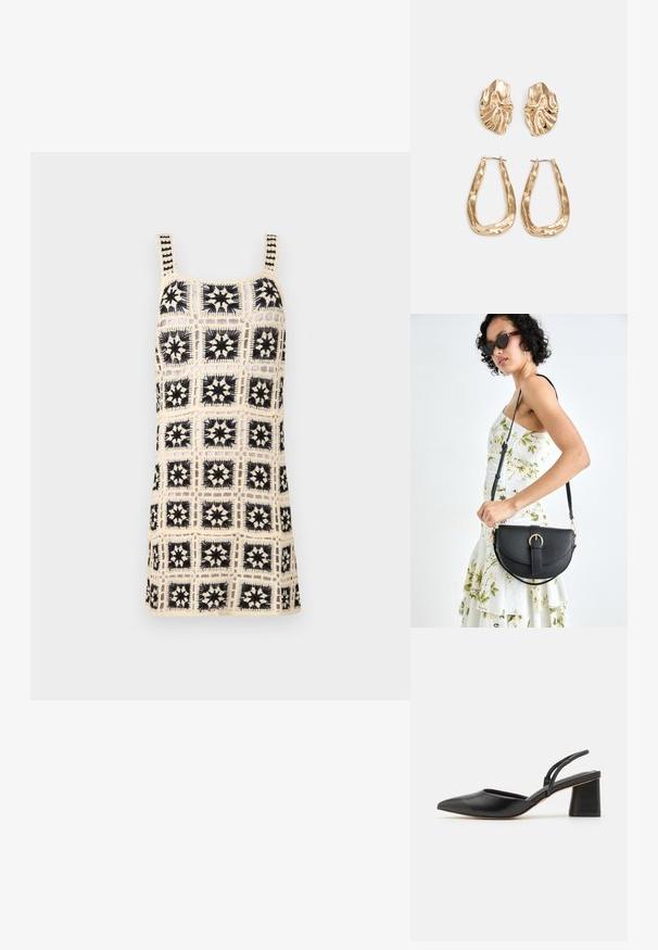 Brezrokav obleka v kremni barvi z črnim geometrijskim vzorcem. Ima kvadratni izrez in progaste naramnice, izdelana iz lahkotnega materiala.; Črne slingback čevlje s koničastim nosom, narejeni iz gladke usnje, s spodnjim blokom pete in tankimi trakovi na zadnji strani za varno prileganje.; Črna usnjena torbica s ukrivljeno obliko, z odstranljivo naramnico in zlatimi dodatki. Torbica ima pokrov s podrobnostmi v obliki zaponke.; Zlato obarvani uhani z teksturiranimi, valovitimi oblikami. Vključujejo skulpturalne sponke za ušesa in odprto obliko obročka s kladivastim finišem.