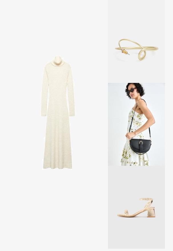 Strikket turtleneck kjole i off-white. Lange ærmer, gulvlængde design, med en tætsiddende brystdel og vidde skørt. Blød tekstur og enkel silhuet.; Gyldne metalliske hælede sandaler med en vinkelret blokhæl, to remme over foden og en justerbar ankelrem. Glat tekstur.; Sort læderhåndtaske med en buet form, aftagelig rem og guldfinish. Tasken har en klap med en spænde detalje.; Guldfarvet metalarmbånd med flydende, kurvet design. Har en lille, fremtrædende sølvfarvet accent i den ene ende.