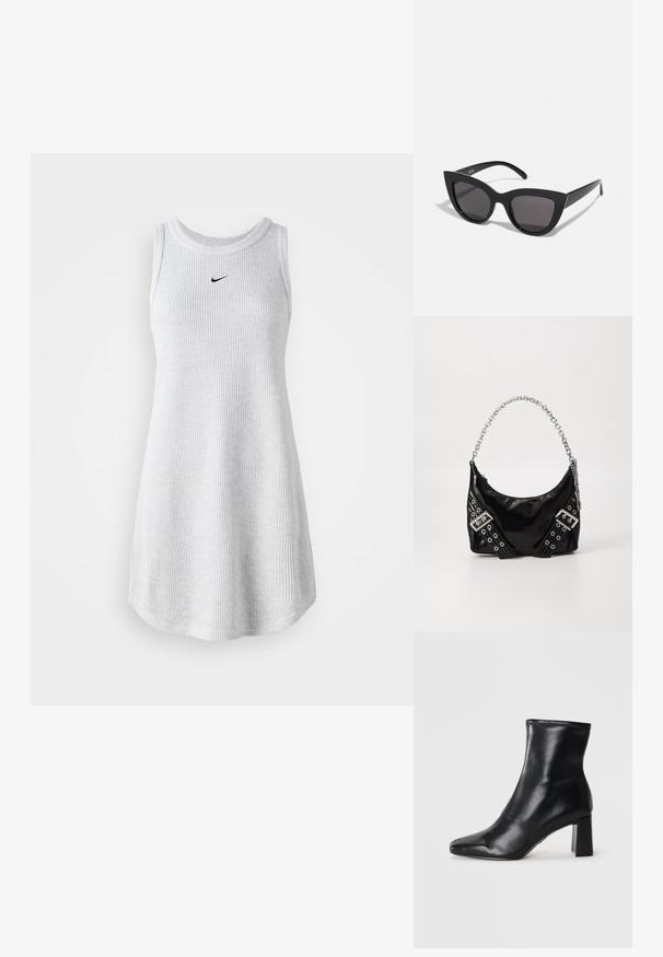 Vestido cinza canelado sem mangas com decote redondo e logótipo preto da Nike no peito. Material suave em mistura de algodão, ajuste descontraído.; Bota de tornozelo em couro preto com bico pontudo e um salto quadrado estruturado. Textura suave com um design elegante e minimalista.; Óculos de sol cat-eye pretos com acabamento mate, apresentando lentes cinzentas, ângulos acentuados e hastes elegantes. Nome da marca visível na parte interna da haste.; Saco de mão de pele sintética preta com alça de corrente prateada brilhante, apresentando tiras decorativas e ilhós metálicos. Forma elegante e curva.