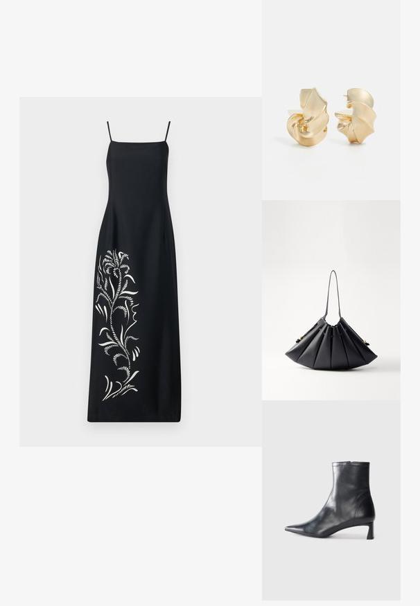 Musta mekko ohuilla olkaimilla, jossa on valkoinen kukkakuviointi toisella puolella, sileä kangas ja suora siluetti.; Musta nahkainen nilkkabotti, jossa on teräväkärkinen muotoilu ja tyylikäs design. Varusteena matala korko ja takana vetoketjukiinnitys. Sileä pinta.; Mustakohokuvioinen käsilaukku, joka on valmistettu sileästä nahasta, jossa on yksi kahva, kultaiset yksityiskohdat ja geometrisesti muotoiltu rakenne.; Koralliileveys kultasävyiset metallikorvakorut, joissa on veistoksellinen, spiraalimainen muotoilu. Ominaisuuksiin kuuluu sileät pinnat ja valoa heijastavat kaaret.
