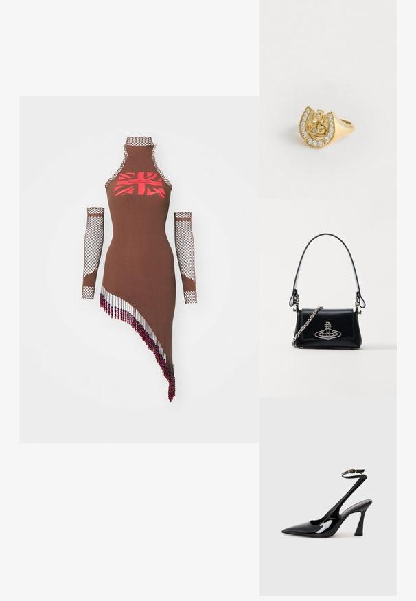 Sinead Gorey UNION JACK PRINTED DRESS WITH BEADED TASSELS AND GLOVES - Dzsörzéruha - brown; Fekete lakk bőrből készült, slingback magas sarkú cipők, hegyes orral, állítható bokapánttal és mérsékelt tömbsarkal. Simább textúra, fényes felület.; Fekete bőr kézitáska strukturált dizájnnal, ezüst lánc pánttal és kiemelkedő fém logóval az elején. Simább textúra.; Arany gyűrű, a belsejében koronával és patkómintával, apró, tiszta drágakövekkel díszítve, fehér háttér előtt.