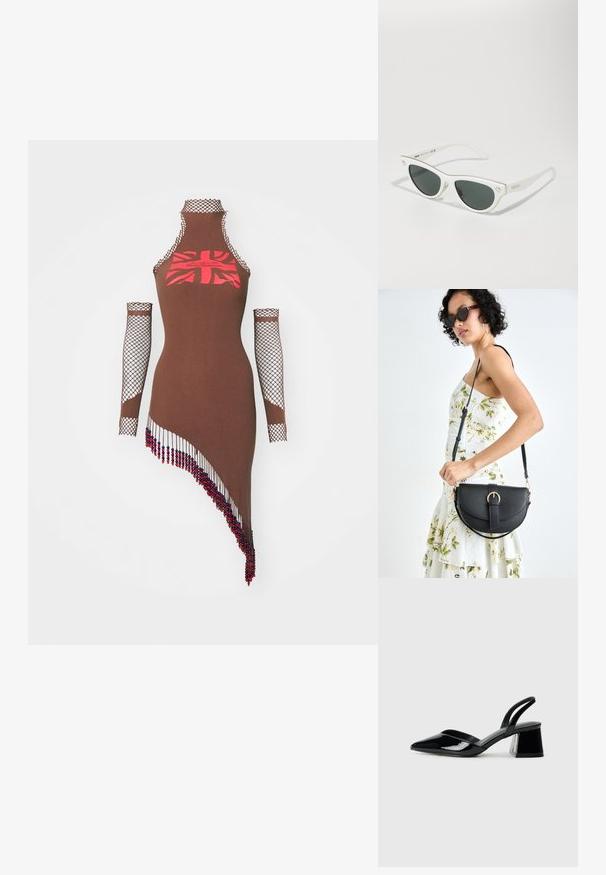 Sinead Gorey UNION JACK PRINTED DRESS WITH BEADED TASSELS AND GLOVES - Vestido ligero - brown; Zapatos de tacón slingback de charol negro con punta afilada y tacón geométrico en bloque. Presentan un diseño elegante y minimalista, así como una textura suave.; Gafas de sol blancas en forma de ojo de gato con lentes oscuros, acentos dorados en el marco y detalles del logotipo en el lateral. Material plástico suave.; Bolso de piel negra con forma curva, correa desmontable y herrajes dorados. El bolso cuenta con una solapa con un detalle de hebilla.