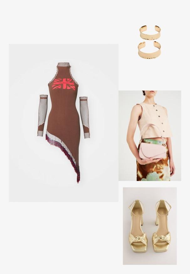 Sinead Gorey UNION JACK PRINTED DRESS WITH BEADED TASSELS AND GLOVES - Haljina od žerseja - brown; Zlatne sandale na petu sa dizajnom remena uvoženog čvora i nabrane teksture, četvrtastim vrhom i remenom oko gležnja s metalik završetkom. Glatka tekstura, blok peta.; Ružičasta kožna torba s zakrivljenim poklopcem, jednim remenom za rame i čistim linijama. Torba ima glatku teksturu i minimalistički dizajn.; Zlatno-tonirani metalni manšete s udarenom teksturom, sa otvorenim dizajnom i glatkim rubovima. Prikazane su dvije veličine: jedna šira, jedna uža.