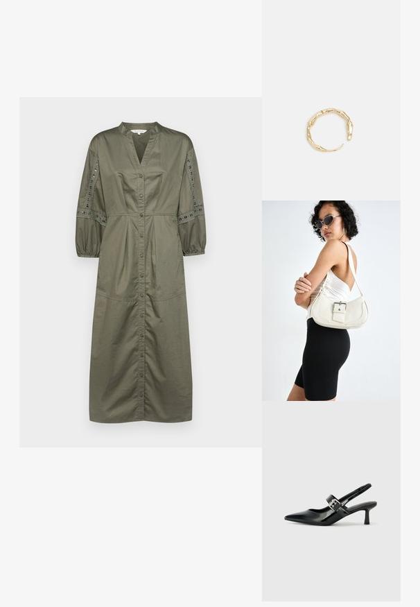 Vestido verde oliva abotonado con escote en V, mangas abullonadas con fruncidos y detalles de encaje a lo largo de las mangas. Tejido de algodón, de longitud midi.; Zapatos de tacón en charol negro con tira al tobillo, punta afilada y un pequeño tacón bloque, que cuentan con un acento de hebilla plateada en la correa.; Bolso de piel blanco con forma curvada, correa ajustable y un pequeño detalle de hebilla. La modelo lleva un conjunto negro ajustado.; Anillo en tono dorado con un diseño orgánico y retorcido, con una textura suave y extremos cónicos, creando una apariencia moderna y escultórica.