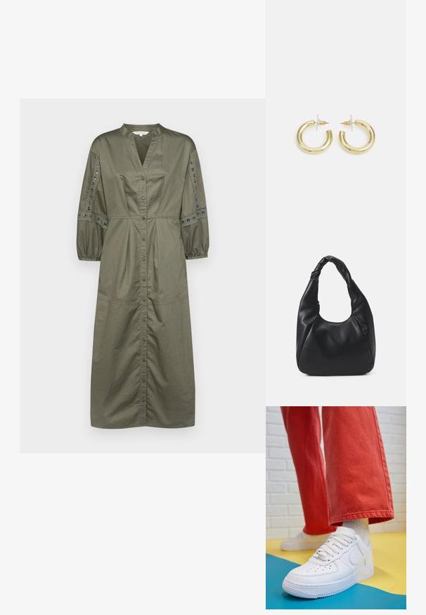 Vestido verde-oliva com botão, decote em V, mangas balão franzidas e detalhes em renda ao longo das mangas. Tecido de algodão, comprimento midi.; Sapatilha de couro branca com biqueira perfurada, sola texturizada e atacadores brancos, combinada com calças largas vermelhas e um fundo azul e amarelo.; Saco hobo preto feito de um material semelhante a couro liso, com uma alça torcida, apresentando uma forma suave e arredondada e um fecho superior em zip.; Brincos em argola dourados com um acabamento liso e brilhante. Design circular com um pequeno pino e suporte transparente para um uso seguro.