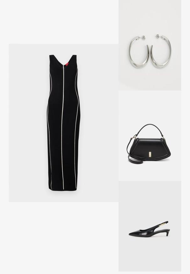 Juodas be rankovių suknelė su V formos iškirpte, vertikaliomis baltomis juostelėmis ir figūrą apglėbiančia siluetu. Lygus audinys su subtiliu blizgesiu.; Juodas odinis pavasario batelių modelis su smailiu nosiu, turintis siaurą kulniuką ir auksinės spalvos akcentu reguliuojamoje juostoje. Lygi tekstūra.; Juoda odinė rankinė su struktūrizuotu dizainu, turi trumpą formą, viršutinę rankeną ir auksinius akcentus. Pridėtas reguliuojamas peties diržas.; Sidabriniai apvalūs auskarai su lygiu, išlenktu dizainu. Yra blizgus metalinis paviršius ir smeigtukų uždarymas. Nėra matomų raštų ar akcentų.