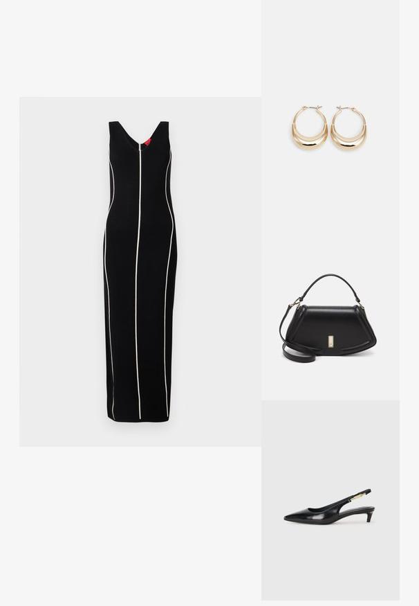 Zwart mouwloos jurk met een V-hals ontwerp, verticale witte strepen en een figuuraccentuerende silhouet. Gladde stof met een subtiele glans.; Zwarte leren slingback hakken met een spitse neus, voorzien van een slanke hak en een goudkleurige accent op de verstelbare band. Gladde textuur.; Zwarte leren handtas met een gestructureerd ontwerp, featuring een verkorte vorm, bovenhandvat en gouden hardwareaccent. Inclusief verstelbare schouderband.; Gouden hoepel oorbellen met een halve maan vorm, gepolijste oppervlakte en scharnier sluiting. De gladde textuur en weerspiegelende afwerking vergroten de zichtbaarheid.